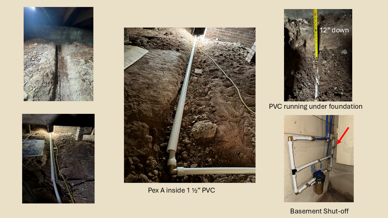 Waterline replacement — PVC and PEX A line running under the house to the basement shutoff